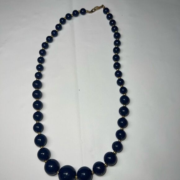 Vintage Blue Glass Bead with Gold Tone Chain Necklace - Picture 1 of 11